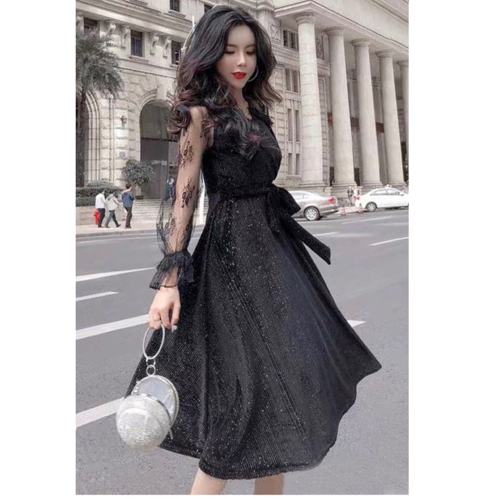 Black lace Long Sleeved shimmered velvety dress